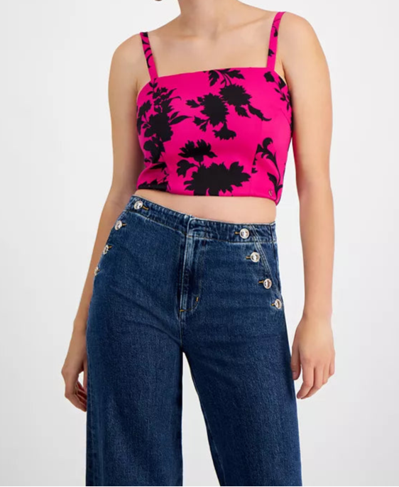 Guess Dames Eve Mouwloos Corset Topje – Fuchsia Zwarte Bloemen