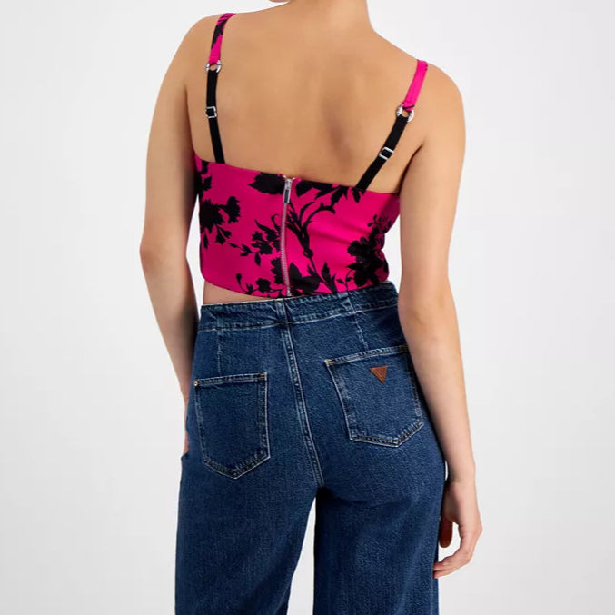 Guess Dames Eve Mouwloos Corset Topje – Fuchsia Zwarte Bloemen