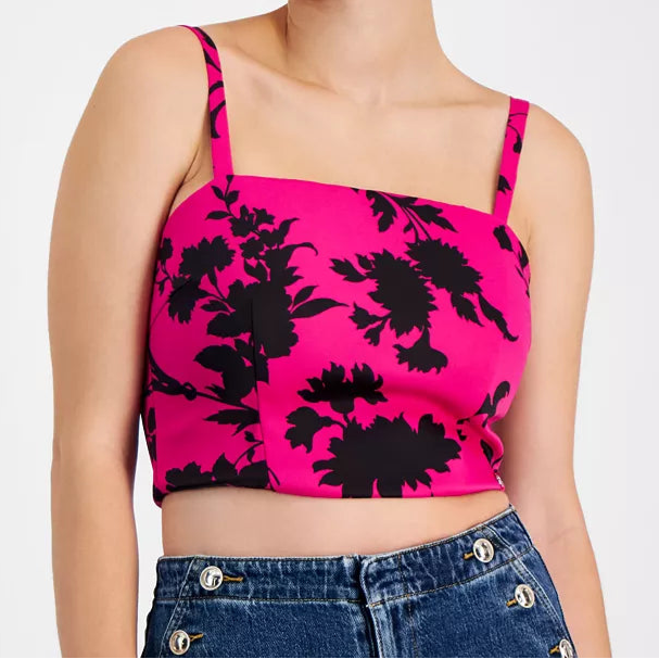 Guess Dames Eve Mouwloos Corset Topje – Fuchsia Zwarte Bloemen